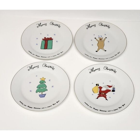 MERRY BRITE CHRISTMAS 7.5" SANTA TREE GIFT REINDEER SET OF 8 BREAD PLATES/BOWLS - Picture 3 of 16